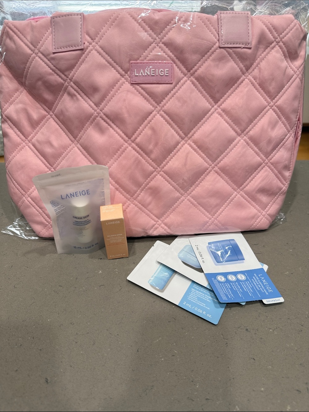 LANEIGE Quilted Blush Pink Tote Bag w/ 2 Deluxe skin products and 3 samples